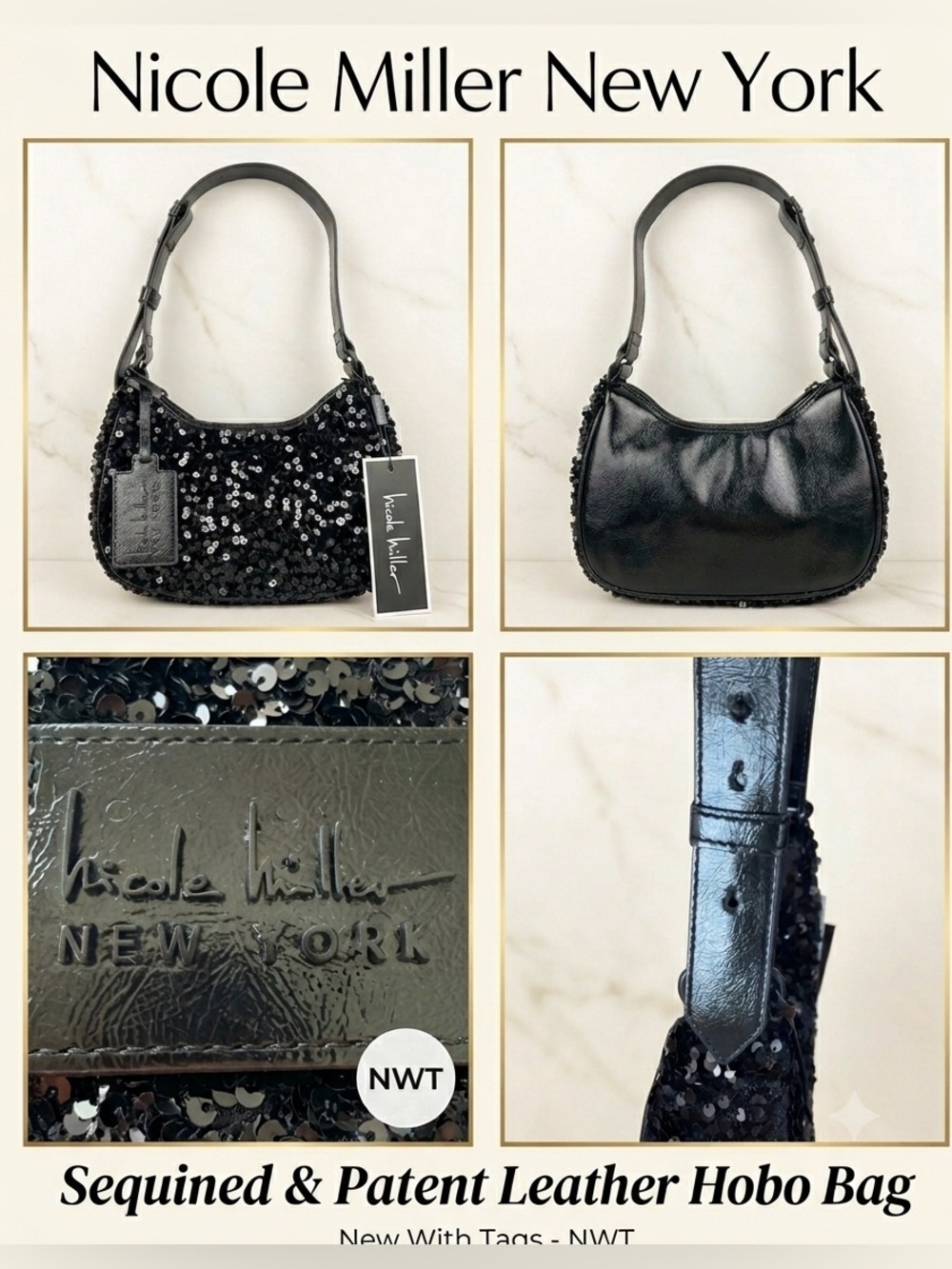 Nicole Miller NWT sequin &
Patent leather evening bag. 
Adjustable strap